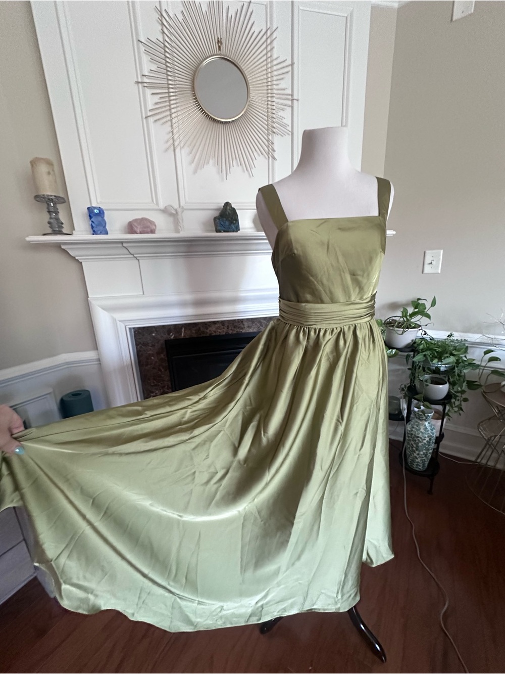 Olive Green Satin A-Line Tea Length Dress with Square Neck & Pleated Skirt